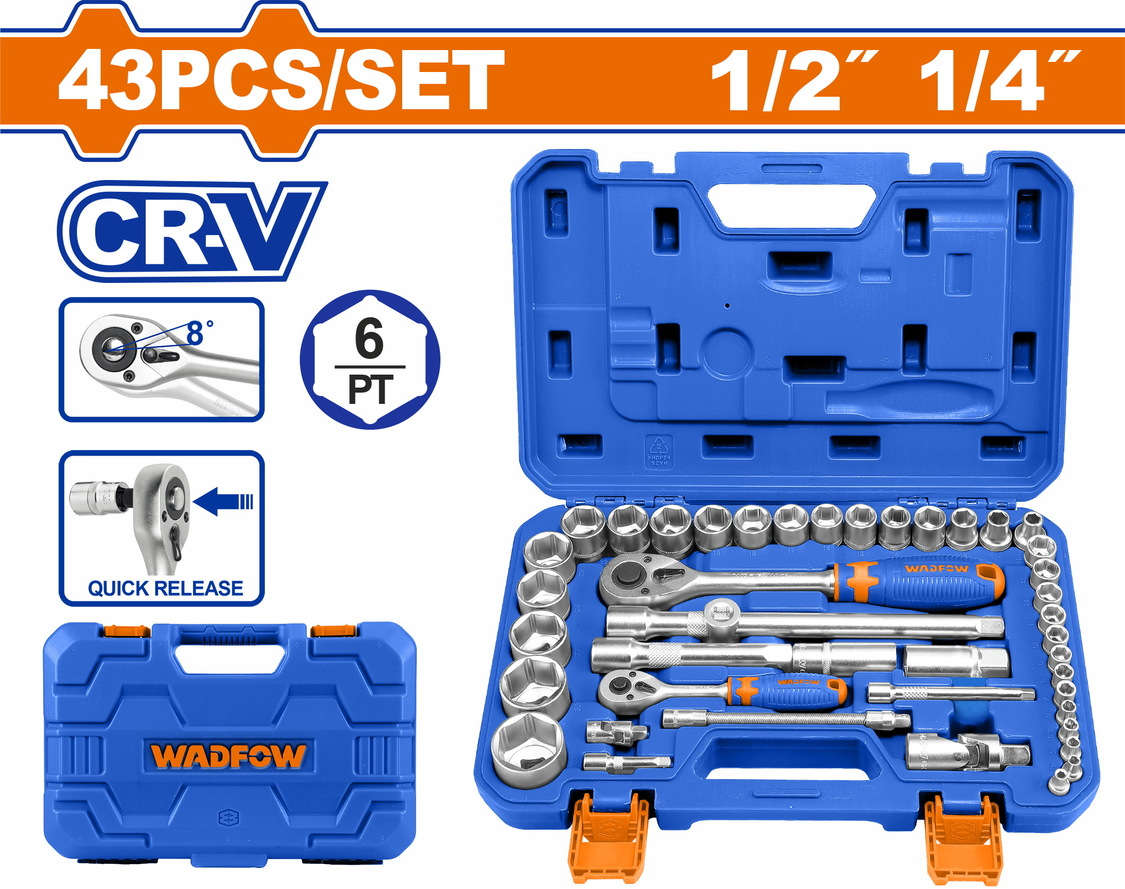 WADFOW 43-piece socket set with 1/4" and 1/2" drives WST3D43