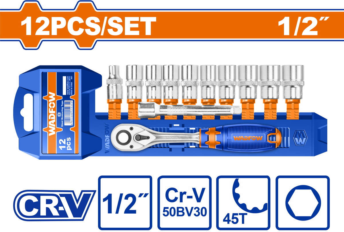 WADFOW 12-piece 1/2" socket set with 10mm-24mm sockets and 45T quick-release ratchet handle WST2212