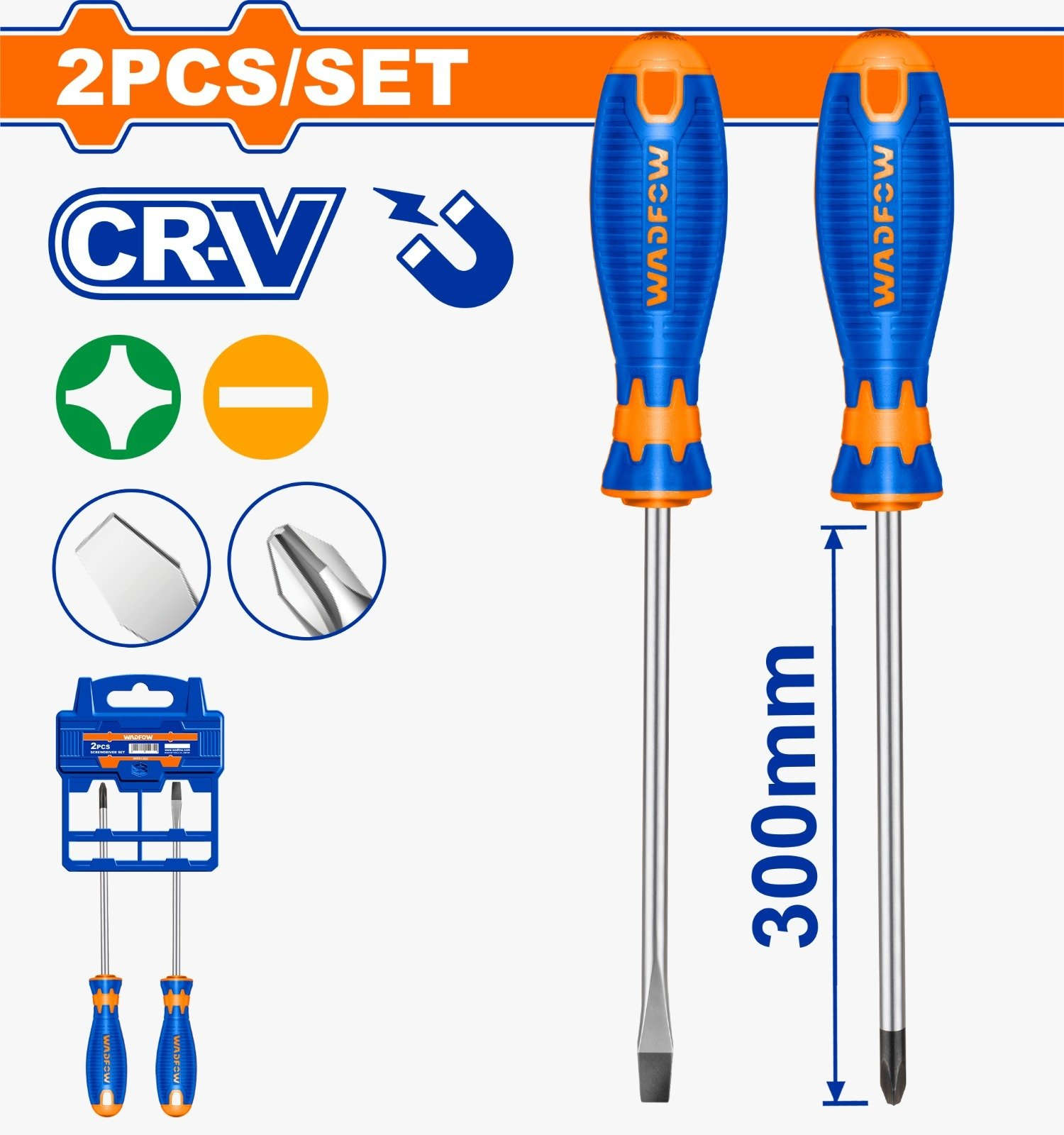 WADFOW 2-piece screwdriver set with Slotted 5x300mm and Phillips PH2x300mm magnetic Cr-V shanks WSS1402