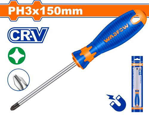 WADFOW Phillips screwdriver PH3 tip, 8mm diameter x 150mm length, CR-V steel round shank WSD2936