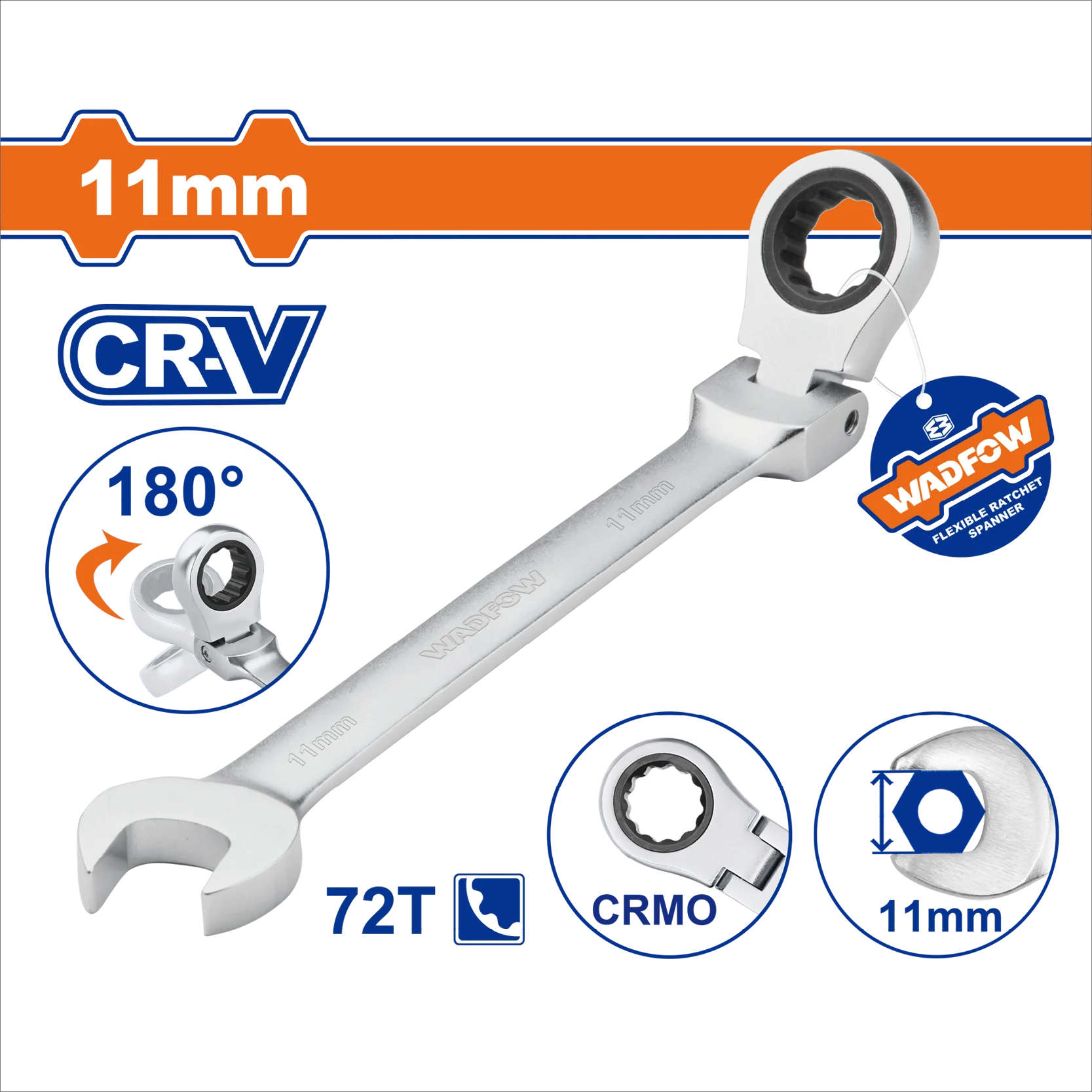 WADFOW 11mm removable flexible ratchet head wrench with 180° rotation and chrome vanadium steel construction WSA6111