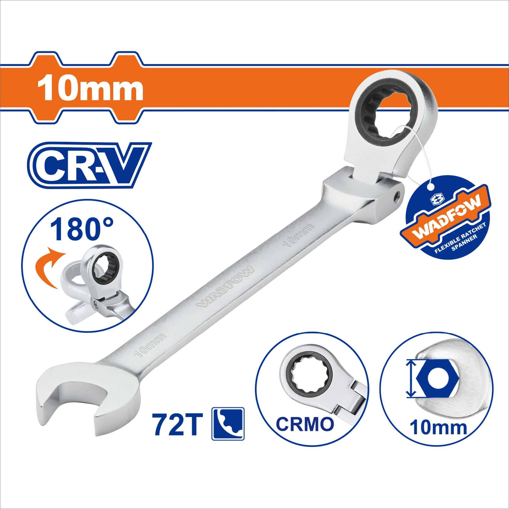 WADFOW Flexible Ratchet Spanner 10mm, 163mm length, Cr-V body, 180° twist ratchet head WSA6110