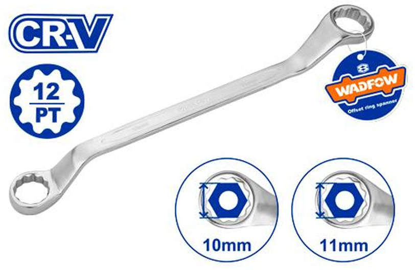 WADFOW Offset ring spanner (box wrench) 18x19 mm, 251 mm length, chrome vanadium steel WSA3107