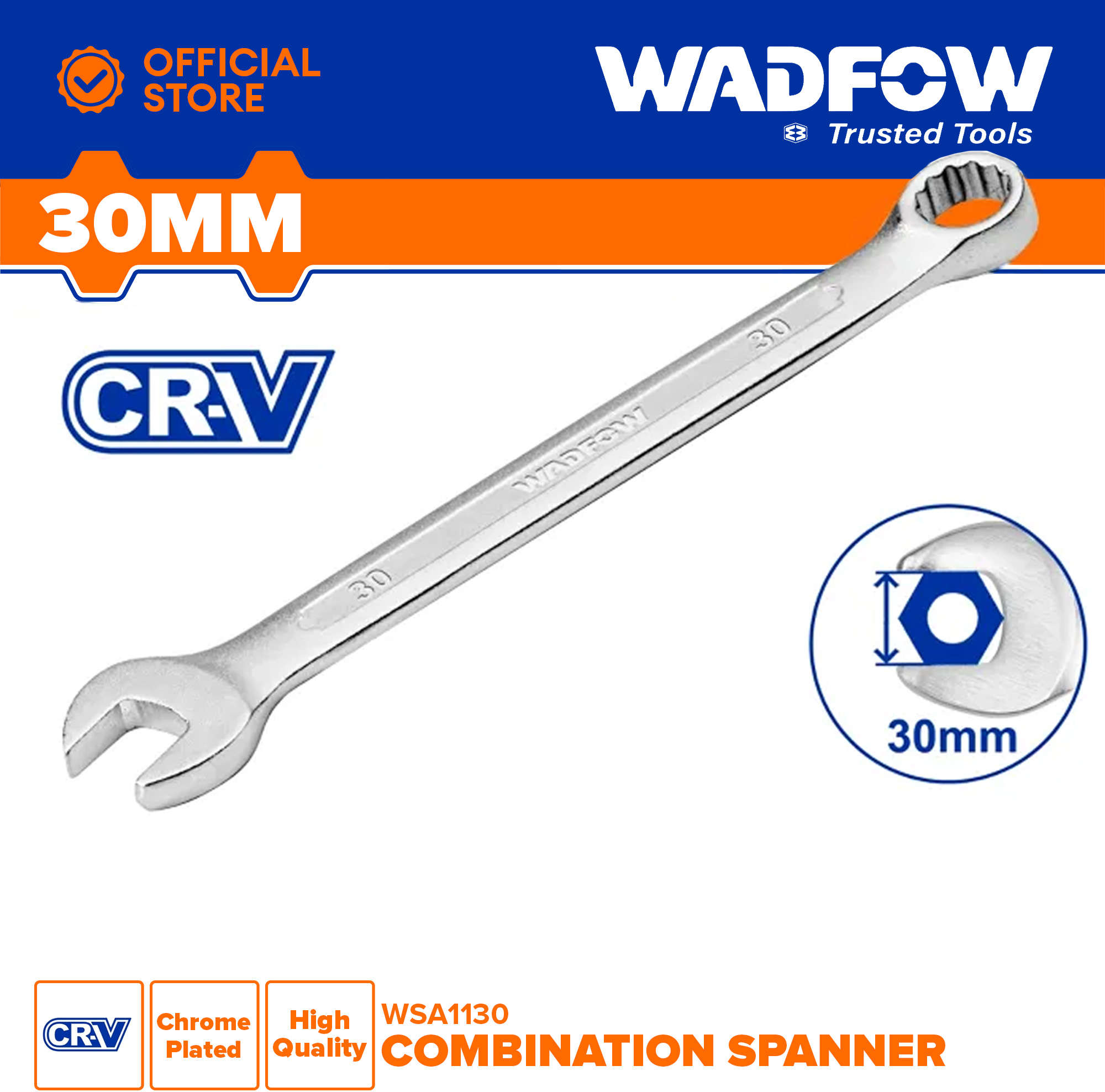 WADFOW 30mm combination wrench, Cr-V steel, fine polished and chrome plated WSA1130