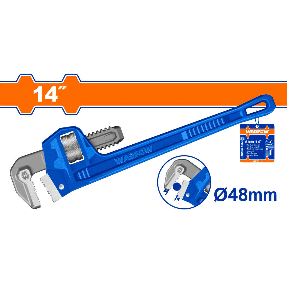 WADFOW 14-inch adjustable pipe wrench with drop-forged high-quality carbon steel jaw and max clamping diameter of 48mm WPW1114