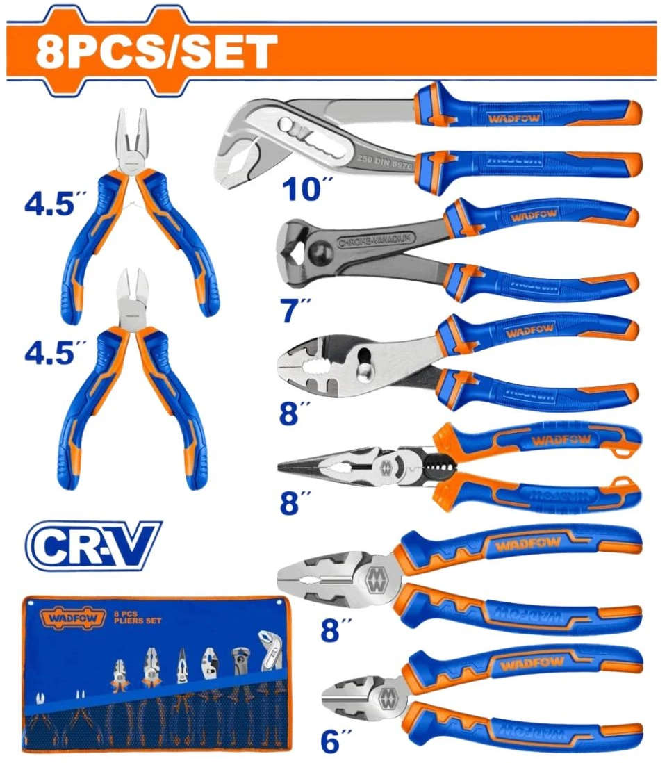 WADFOW 8-piece pliers set with two-color handles for strong grip and comfort, packed in a canvas bag WPS1M08