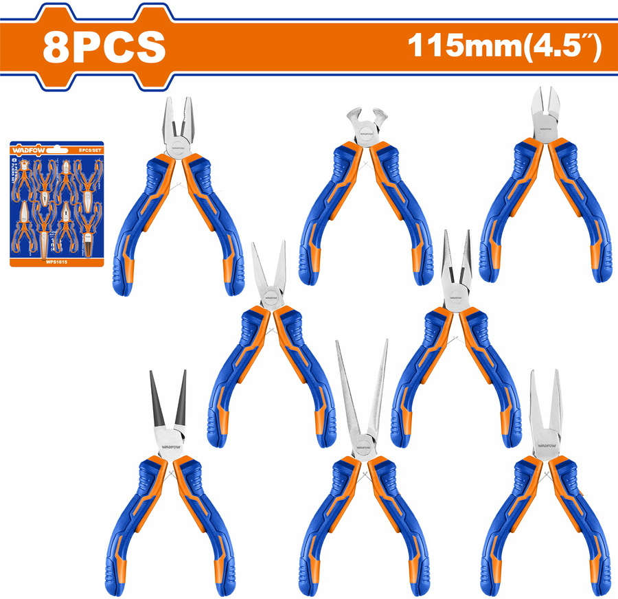 WADFOW 8 Pcs Mini Pliers Set 4.5" with combination, diagonal cutting, end cutting, long nose, flat nose, bent nose, round nose, and needle nose pliers WPS1618