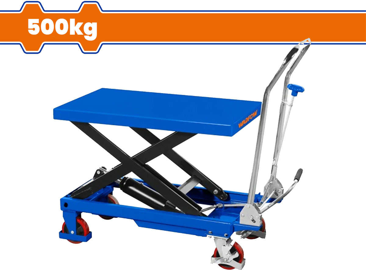 WADFOW Manual lift table scissor lift with 500kg load capacity and foot pedal operation, 850x500mm table size WNX1R50