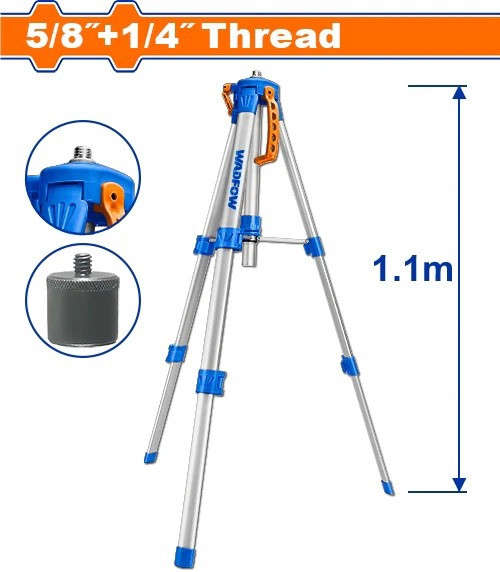 WADFOW Tripod for laser levels with adjustable height 0.45m to 1.1m and 5/8" & 1/4" adapter screw WLE9301