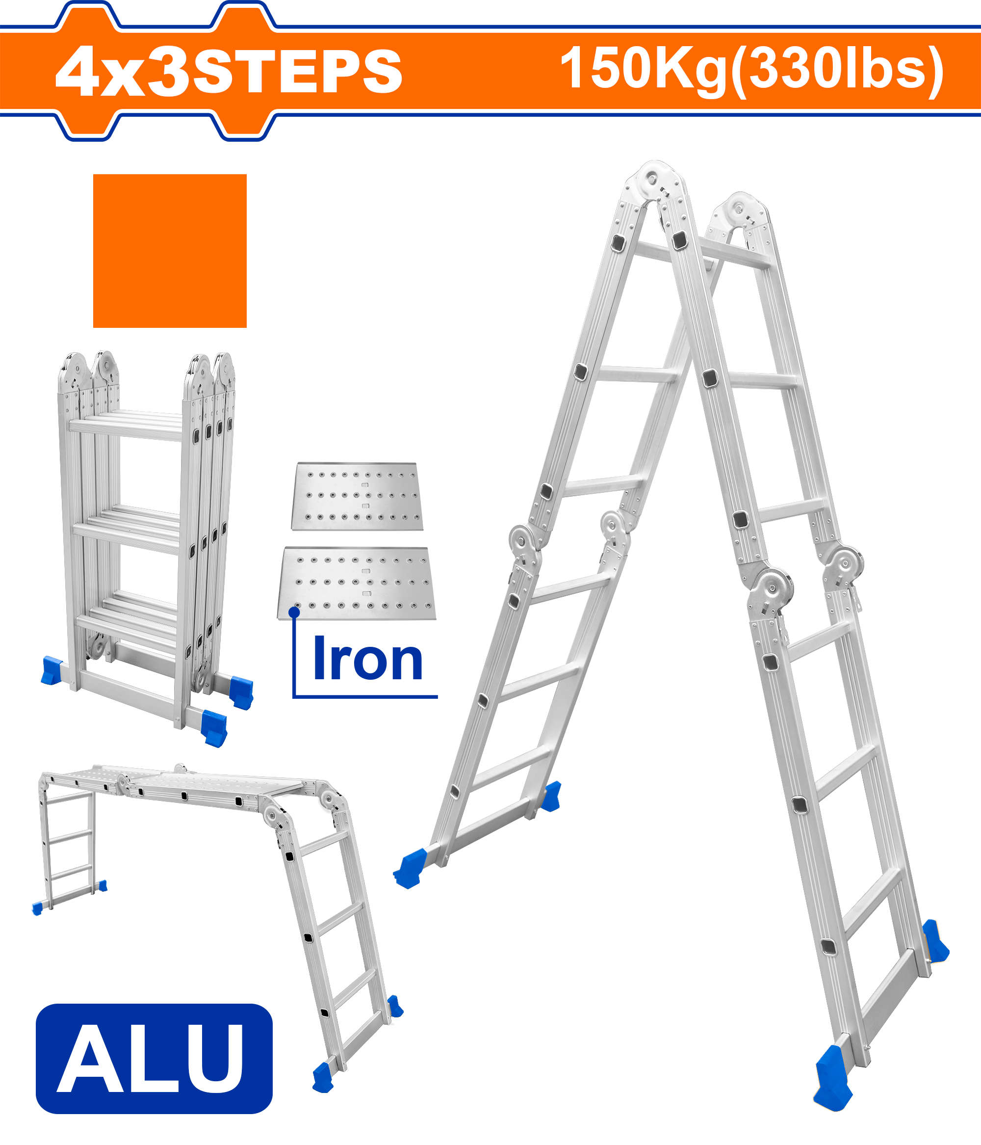 WADFOW Multi-Purpose Aluminum Ladder 4x3 Steps with 270mm Step Rise and 3370mm Length WLD7H43