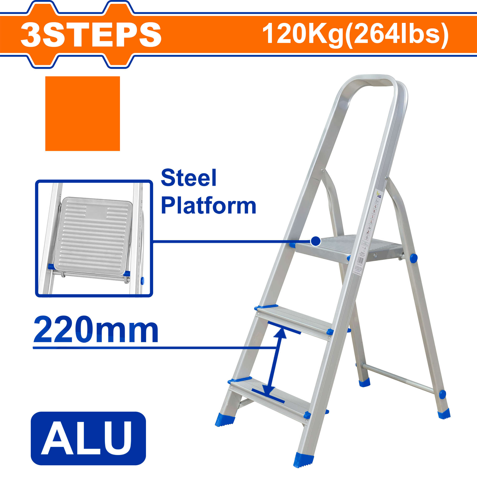 WADFOW 3-step foldable household ladder with aluminum and steel frame, 120kg max load capacity WLD3H03