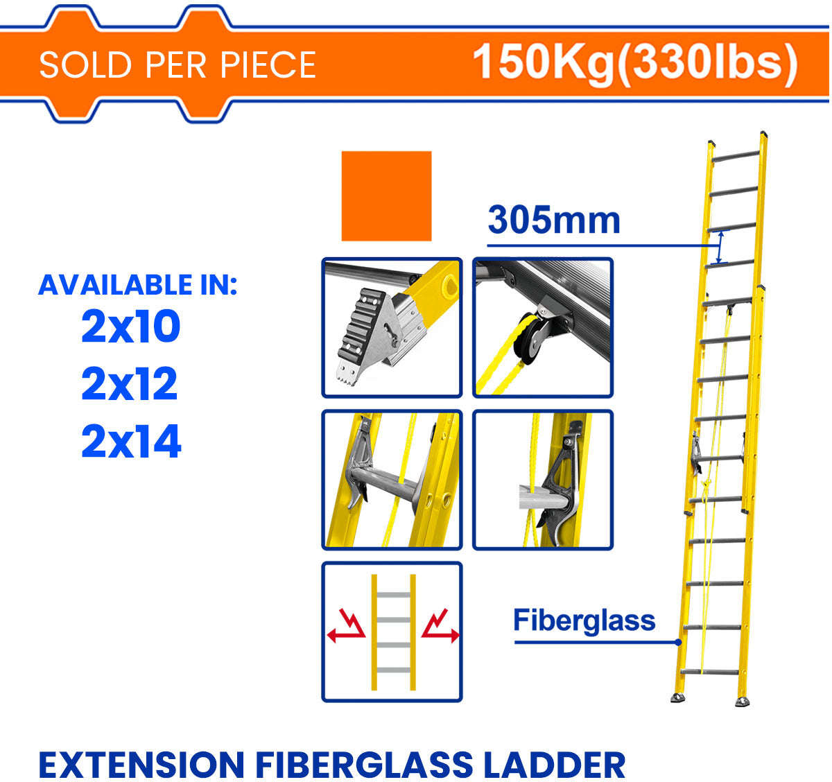 WADFOW Extensible 2x14 Fiberglass Ladder with 150kg Load Capacity and 305mm Step Height WLD0928