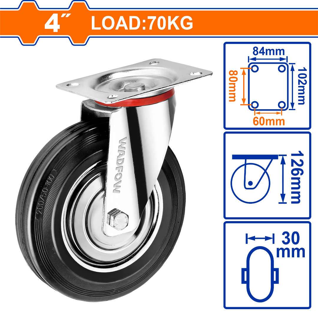 WADFOW 4-inch swivel caster wheel medium-duty work series 70kg load capacity steel and rubber wheel WJL3342