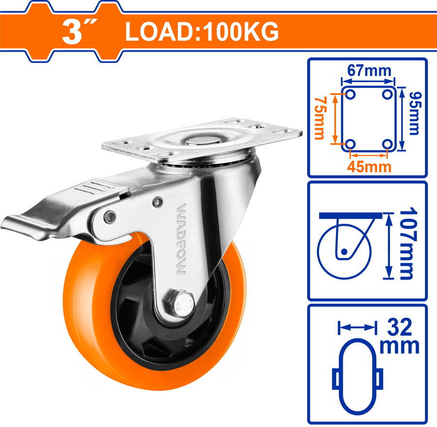 WADFOW 3-inch (75mm) PU swivel caster wheel with 100kg load capacity WJL2333