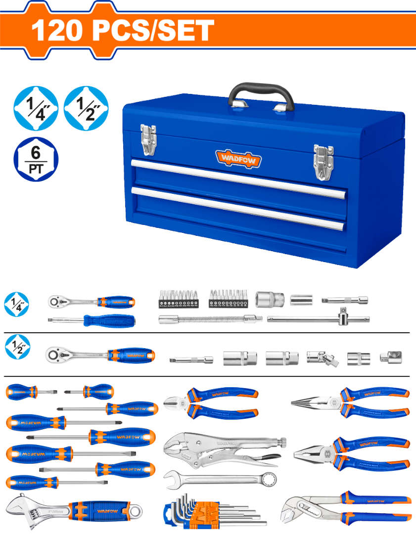 WADFOW Portable 120-piece tool chest set with 2 drawers and top tray compartments, compact hand tool storage organizer WHS3120