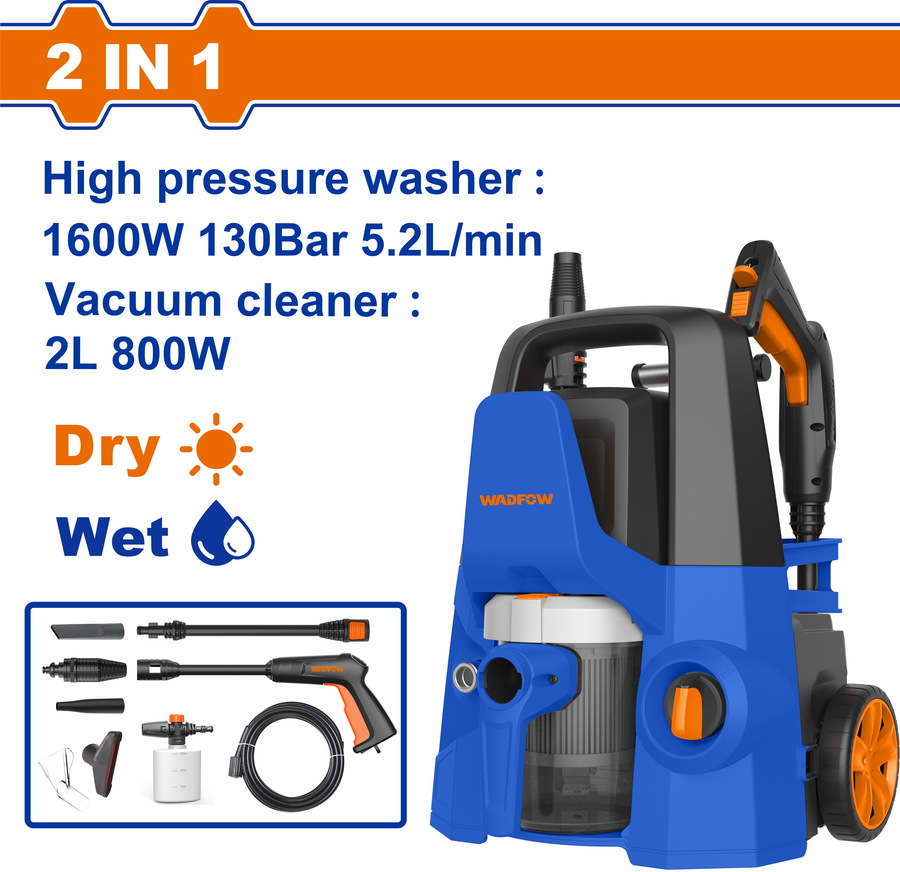 WADFOW 2-in-1 1600W 130 Bar Pressure Washer and Vacuum Cleaner with Auto Stop System and HEPA Filter WHP4A16