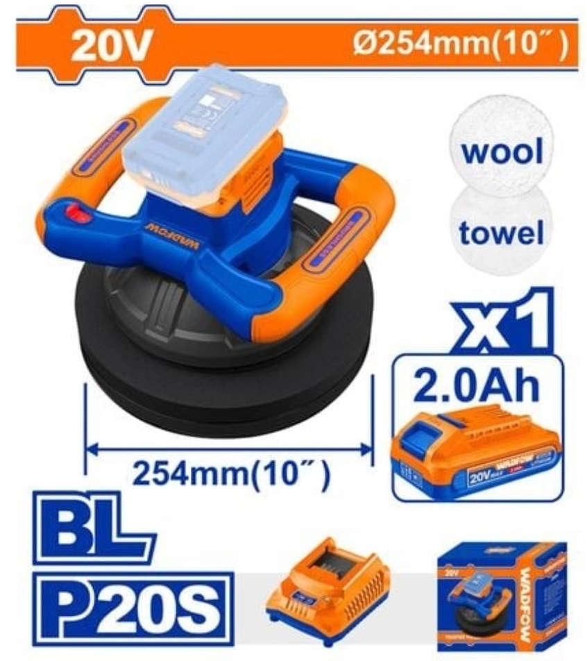 WADFOW 20V Brushless Cordless Polisher with 245mm Polishing Disc Diameter and 2500rpm No-load Speed WHL352541