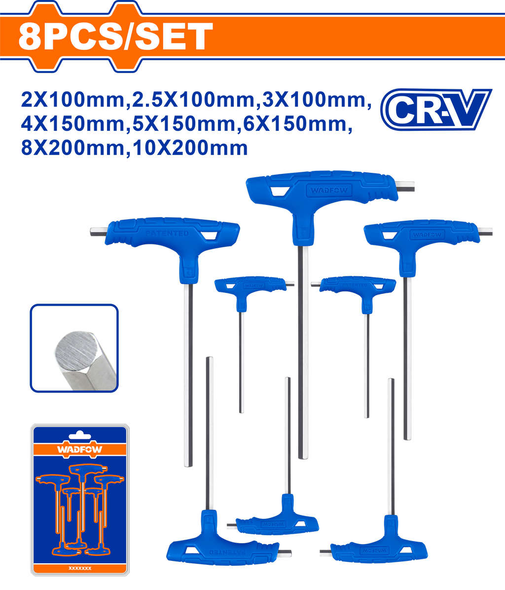 WADFOW 8PCS T-Handle Heat Treated Chrome Vanadium Hex Wrench Set WHK1481