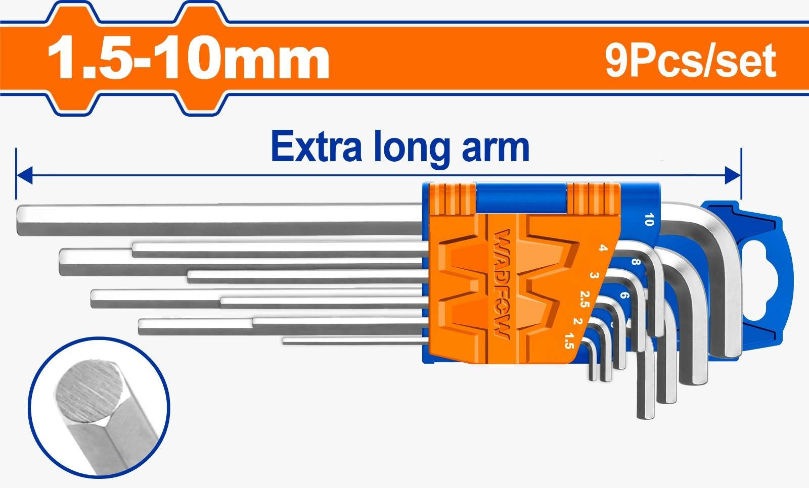 WADFOW 9-piece extra-long arm hex key set, Cr-V steel, sizes 1.5mm to 10mm WHK1292