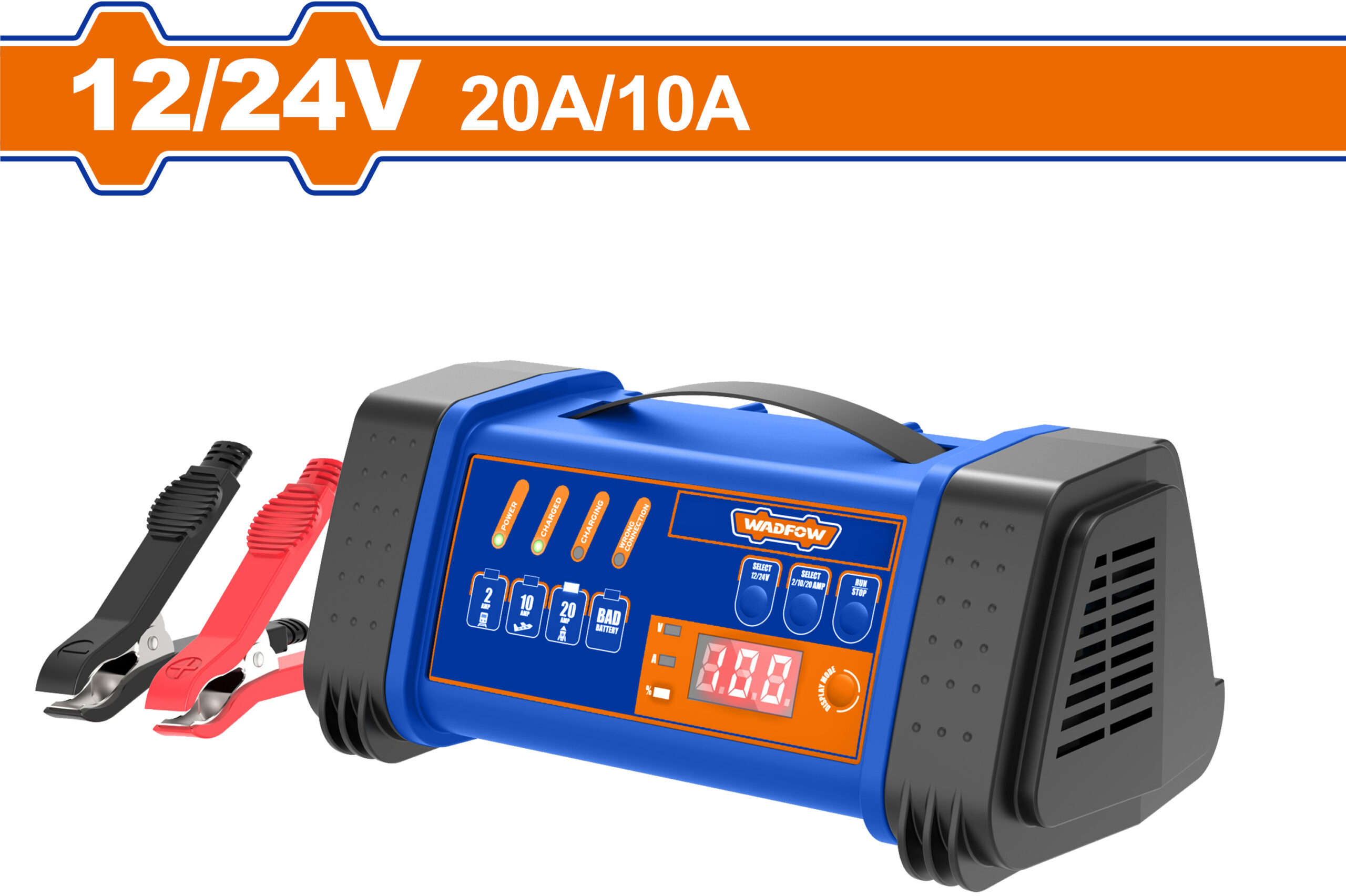 WADFOW Battery charger for 12V/24V batteries with LCD display and automatic high-frequency charging, rated 20A/10A current WBY1A20