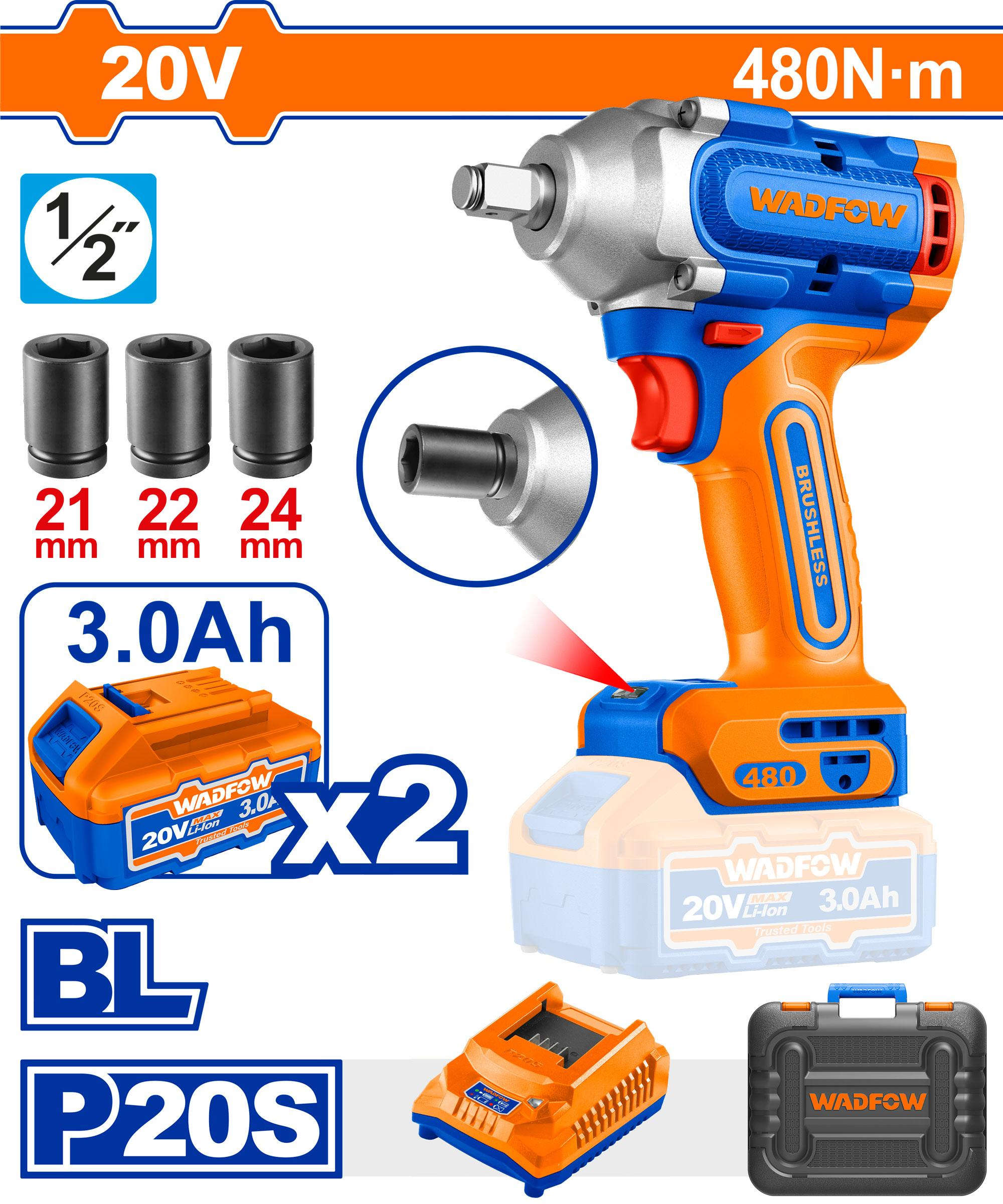 WADFOW Cordless Brushless Impact Wrench 20V 1/2" Square Drive with Adjustable Speed and 480Nm Torque WCD1B48