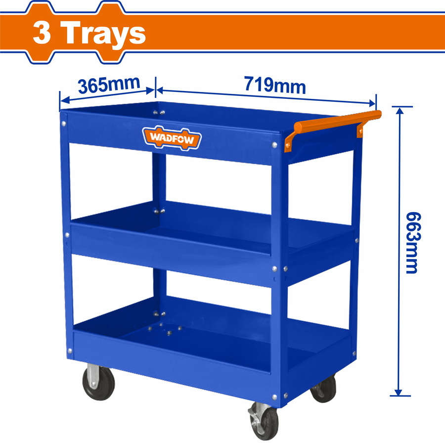 WADFOW 3-layer steel tool cart with roller wheels, 719 x 365 x 663 mm WCS1A13
