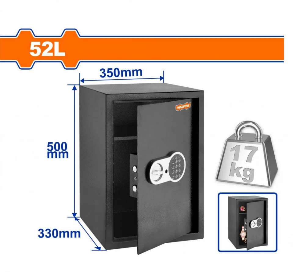 WADFOW 52L electronic safe with programmable 3- to 8-digit code and mechanical key backup, dimensions 20" × 14" × 13" (50 × 35 × 33 cm) WEB1550