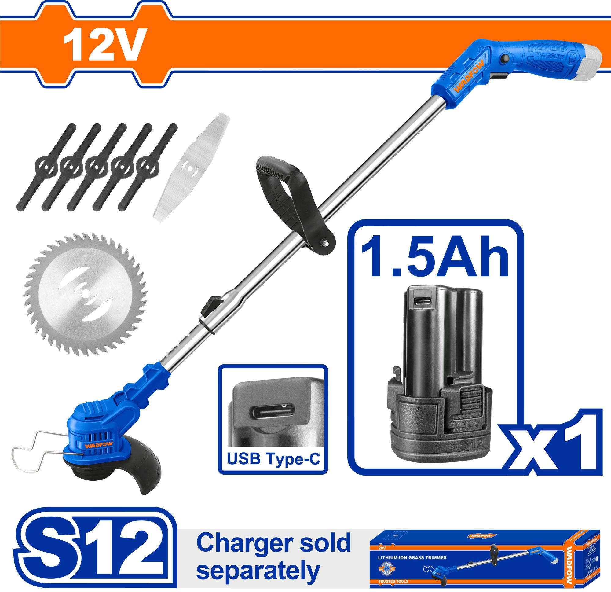 WADFOW 12V Li-Ion cordless grass trimmer with 10,000/min no-load speed and 138mm plastic blade cutting diameter WGTS512