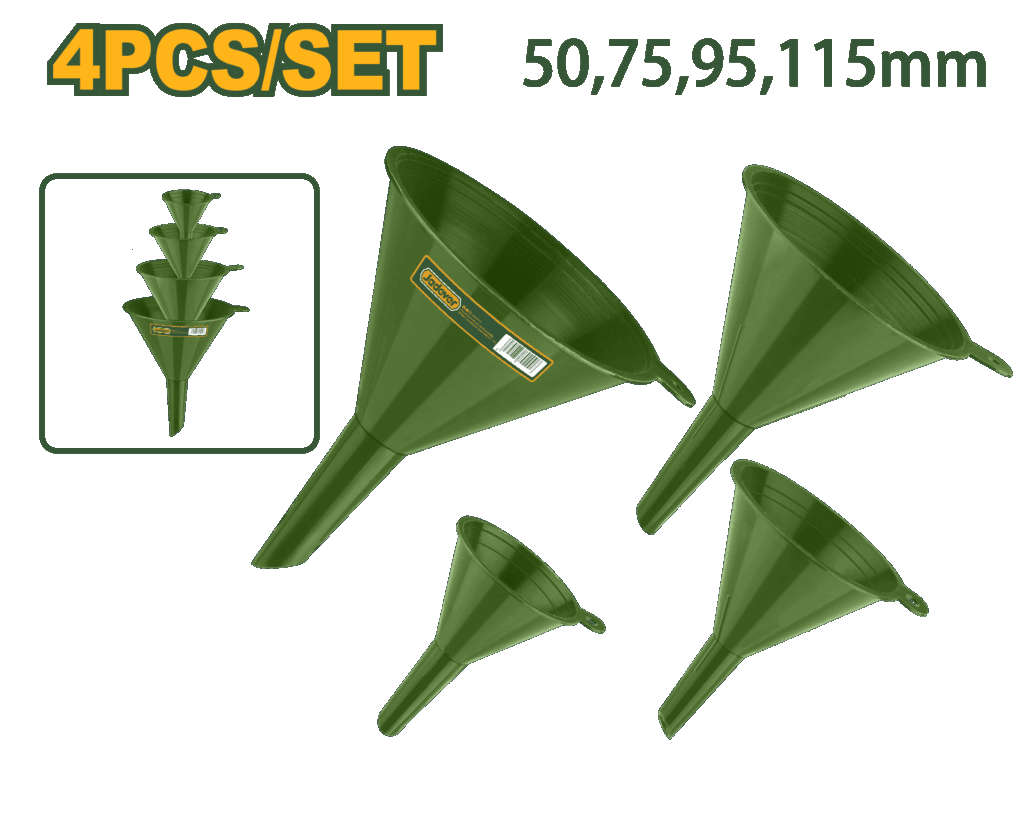 Jadever 4-piece polypropylene plastic funnel set with diameters 50mm, 75mm, 95mm, and 115mm JDUFS2304