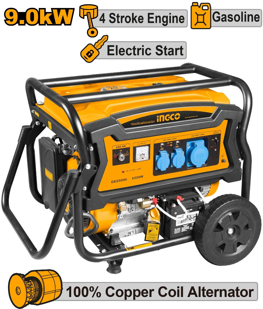 INGCO Gasoline generator 9.0 kW max output, 7.5 kW rated output, 4-stroke OHV engine, 457 mL displacement GE90006