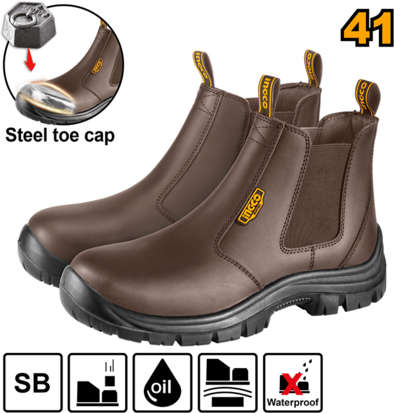 INGCO Brown Leather High-Cut Safety Boots with Steel Toe Cap, Size 41 SSH08SB.41