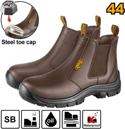 INGCO Brown leather high-cut slip-on safety boots with steel toe cap, split leather upper and dual density PU sole, size 44 SSH08SB.44