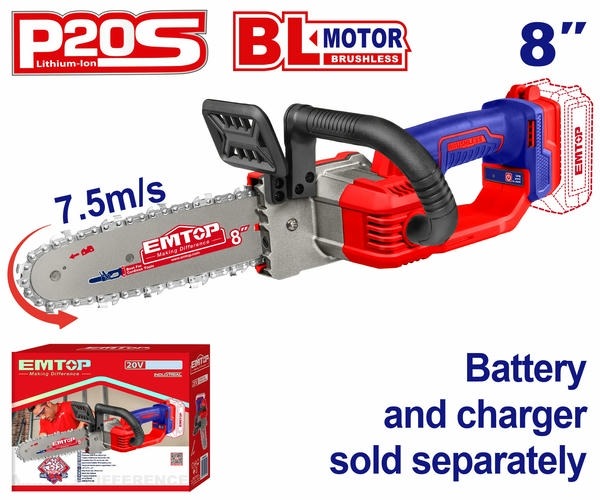 Emtop Cordless chainsaw Battery 20V 8inche Without Battery Chain Speed:7.5m/s ELGA2085