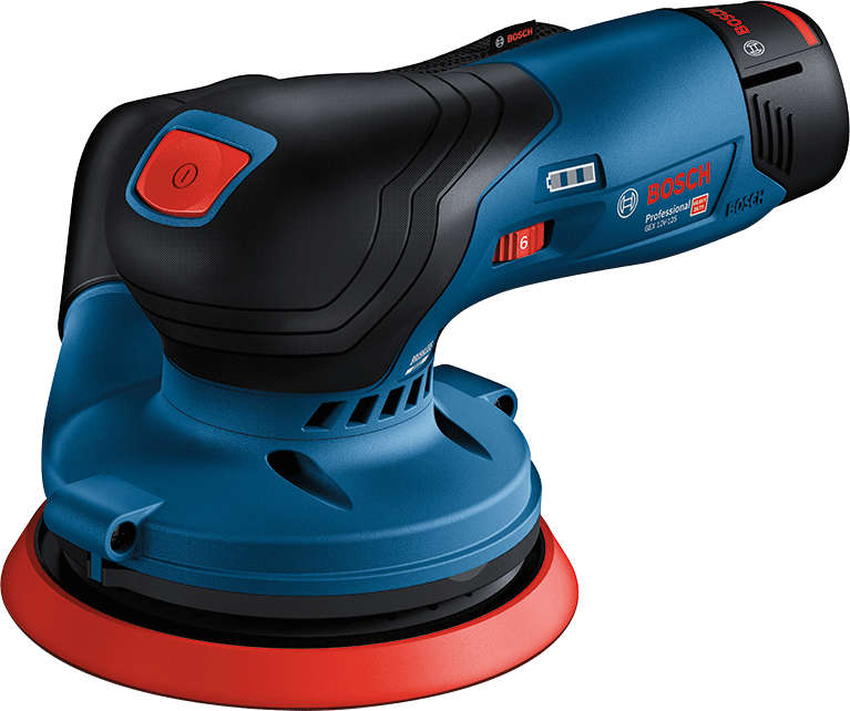 BOSCH Compact cordless random orbital sander with 125mm sanding disc diameter and variable speed for sanding, paint removal, and fine finishing GEX12V-125