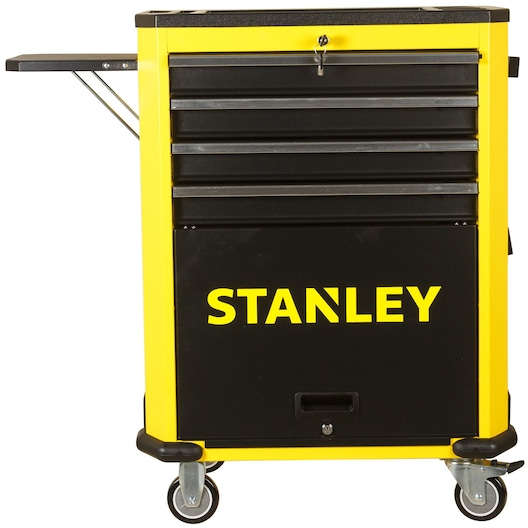 Stanley 4-drawer heavy-duty steel roller cabinet with ball-bearing slides, ABS top tray, side folding shelf, and lockable rubber wheels STMT99069-8