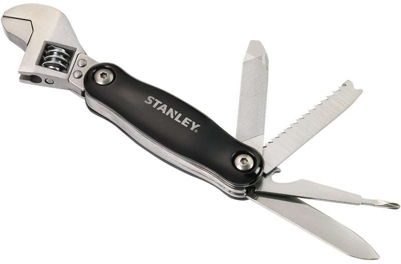 Stanley 8-in-1 multi-wrench tool with adjustable open-end and additional functions including saw, blade, screwdrivers, files, and bottle opener STHT73844W