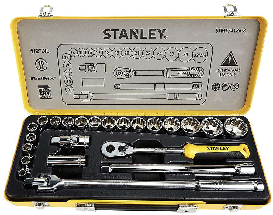 Stanley 24-piece 1/2-inch drive 12-point socket set in metal tin for garage use STMT74184-8