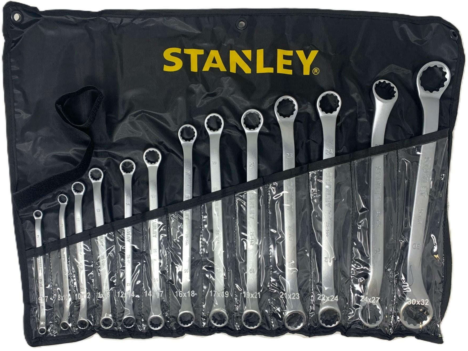 Stanley 13-piece offset ring wrench set with oval-shaped handles and Maxi-Drive ring ends in storage pouch STMT25148