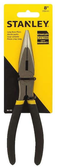 Stanley 8-inch long nose pliers with drop-forged steel construction and oil-resistant dipped handle 0-84-102