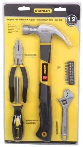 Stanley 12-piece heavy-duty hand tool set with 13 oz fiberglass handle hammer, universal pliers, adjustable wrench, and multibit screwdriver 70-875