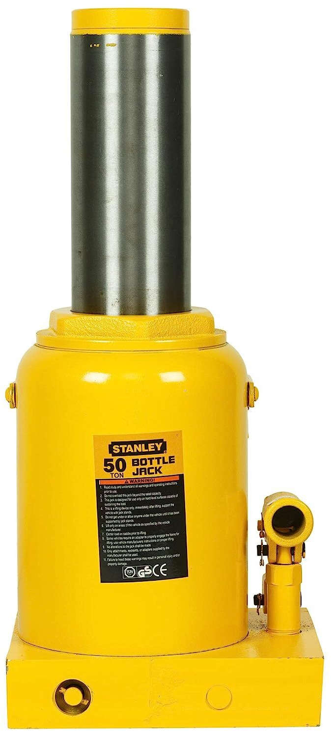 Stanley Hydraulic bottle jack with 50-ton lifting capacity, 300mm minimum height, and 485mm maximum height ST-95001CE