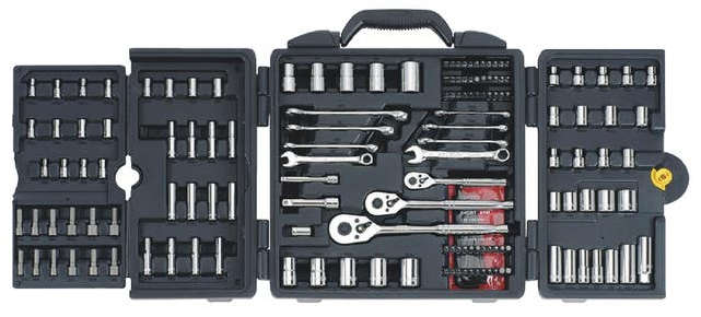 Stanley 170-piece mechanic's tool set with 1/4", 3/8", and 1/2" drive ratchets, sockets, wrenches, bits, and hex keys 96-011