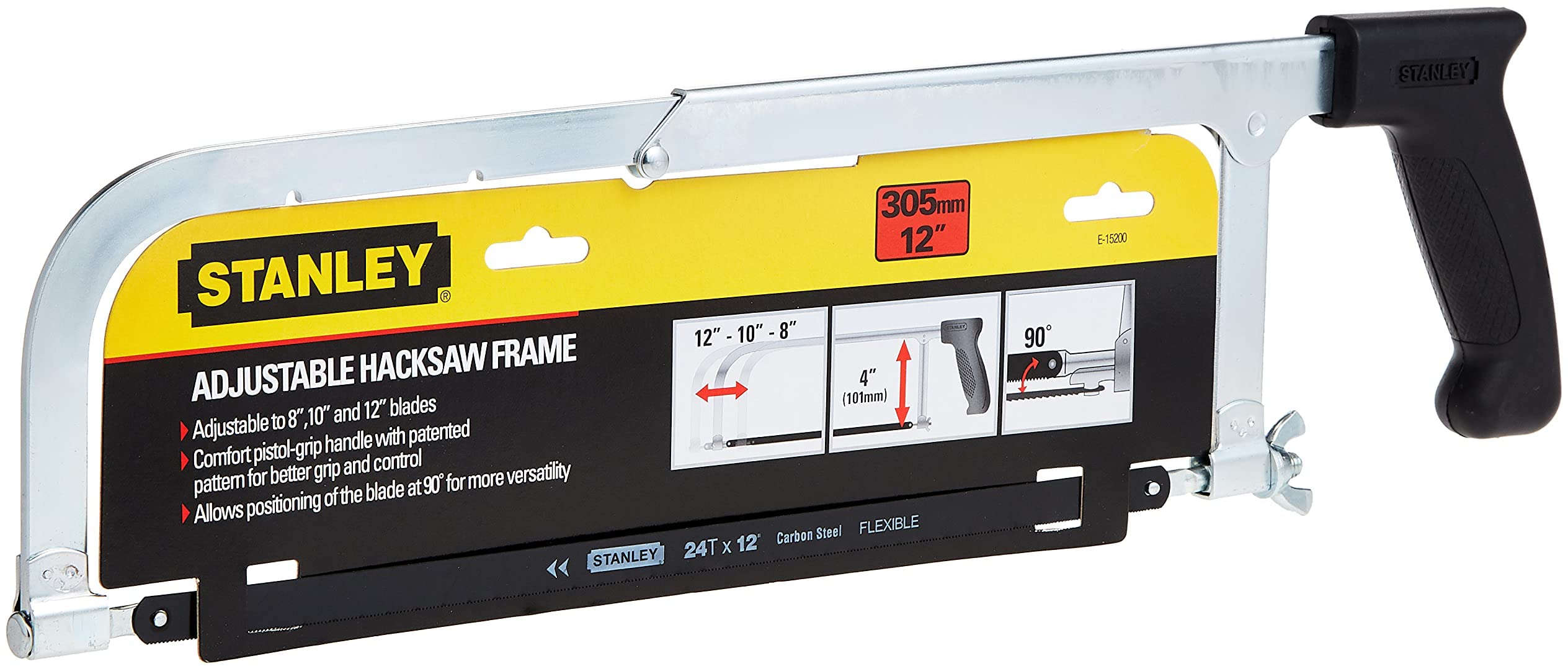 Stanley 12-inch adjustable hacksaw frame with comfort pistol-grip handle and 300mm throat depth E-15200