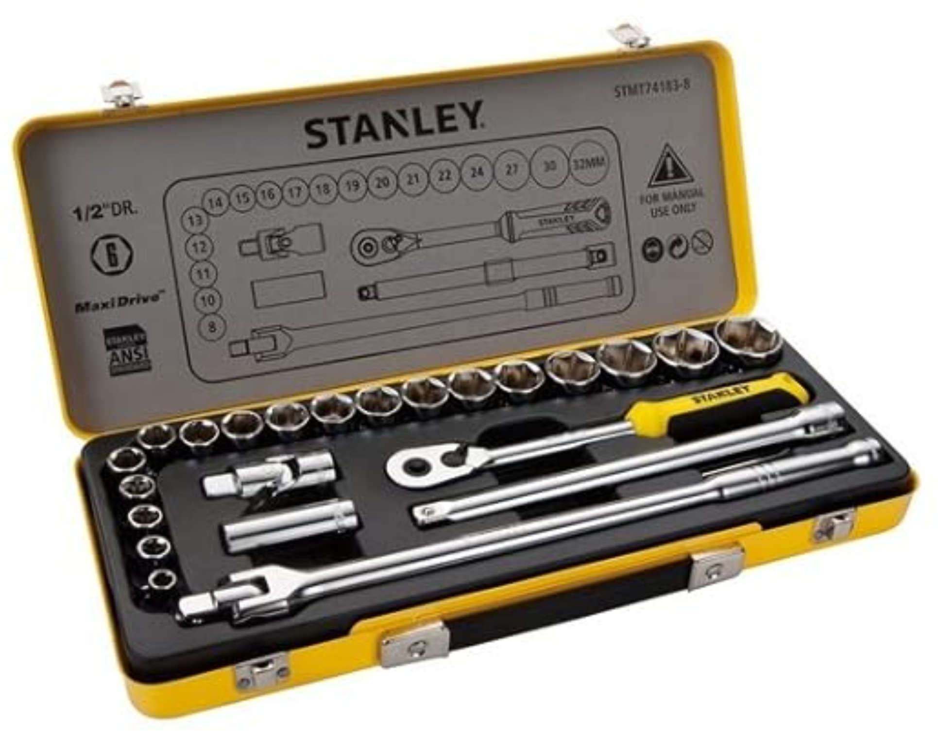 Stanley 24-piece 1/2-inch drive 6-point socket set in metal tin with extensions and ratchet handle STMT74183-8