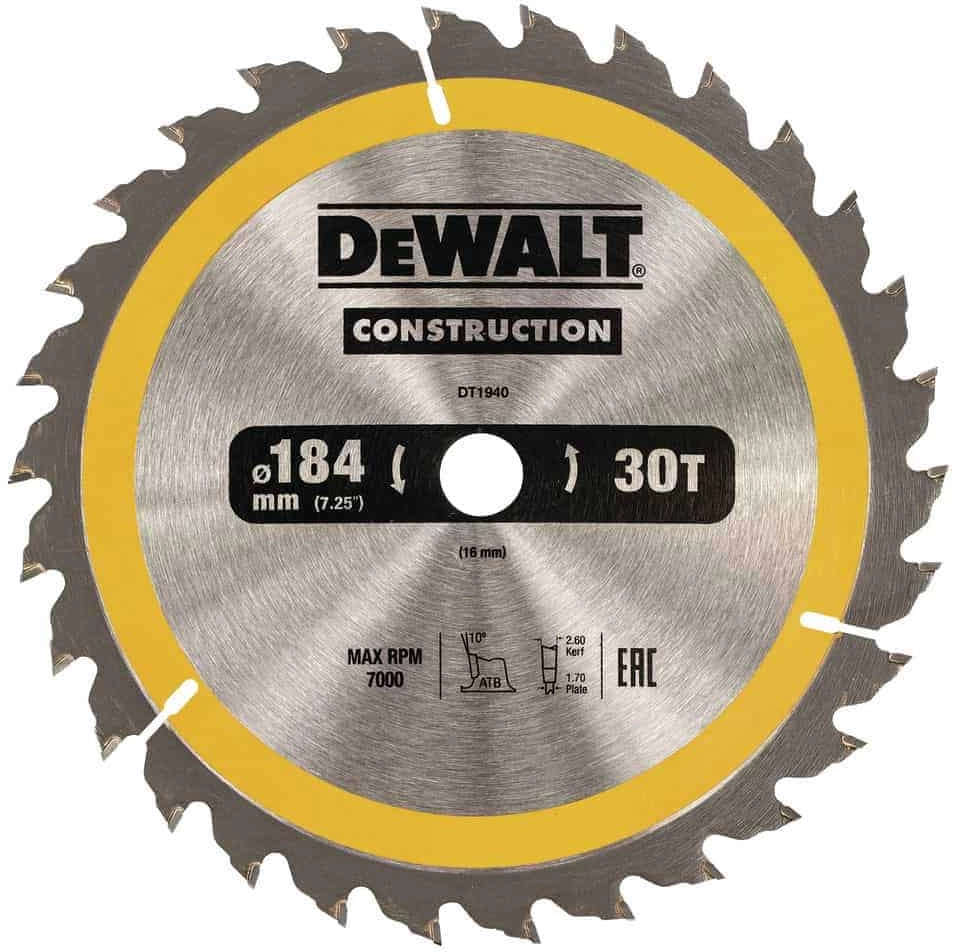 Dewalt 184mm diameter circular saw blade with 30 teeth for cutting soft woods and composite materials DT1940-QZ