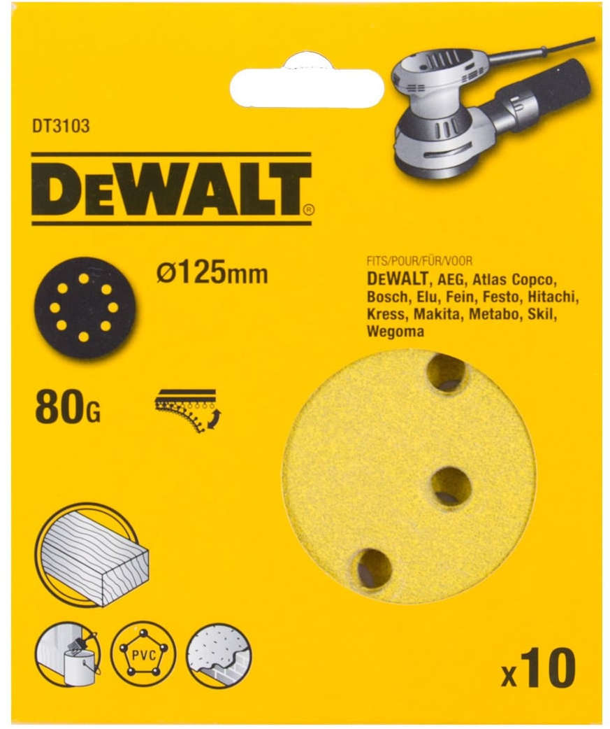 Dewalt 125mm 80 grit self-adhesive sanding discs, 10 pack, 8-hole, quick fit loop backing DT3103-QZ