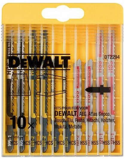 Dewalt 10-piece T-shank jigsaw blade kit for wood and metal cutting with high carbon and high strength steel blades DT2294-QZ