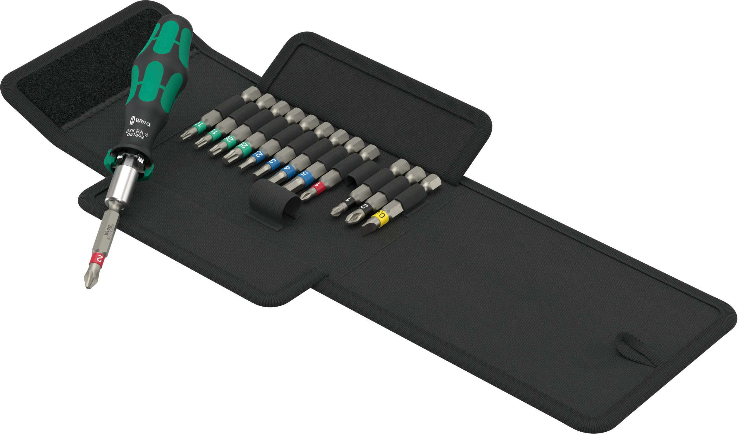 Wera 14-piece ratchet screwdriver set with magnetic bitholding handle and ergonomic Kraftform Plus handle, includes Phillips, Pozidriv, slotted, Torx, and hex bits 05051 060001