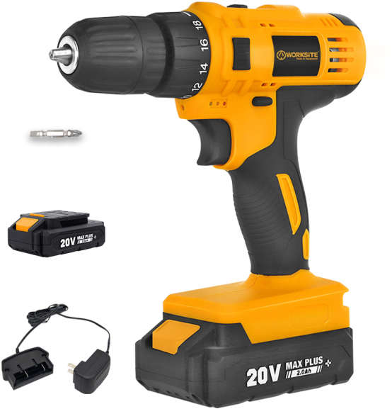 Worksite Cordless drill with 20V, 30Nm torque, 10mm keyless chuck, and dual-speed transmission 0-350/0-1250 RPM CD330-20L