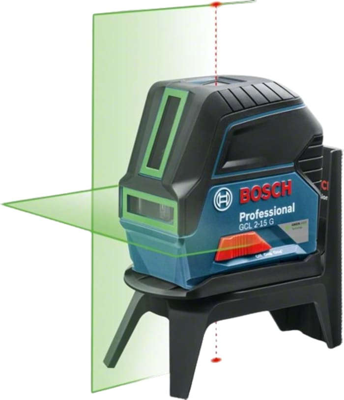 BOSCH Self-leveling green cross line and plumb point laser level with 15m range and ±0.3 mm/m accuracy GCL2-15